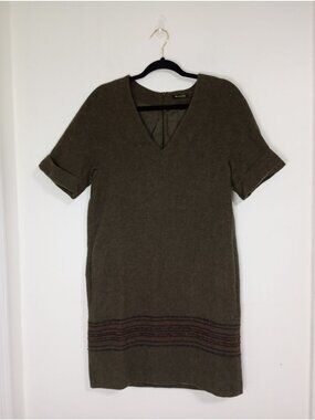 Massimo Dutti Wool-Blend Short-Sleeve V-Neck Dress Stripe Detail Size Small
